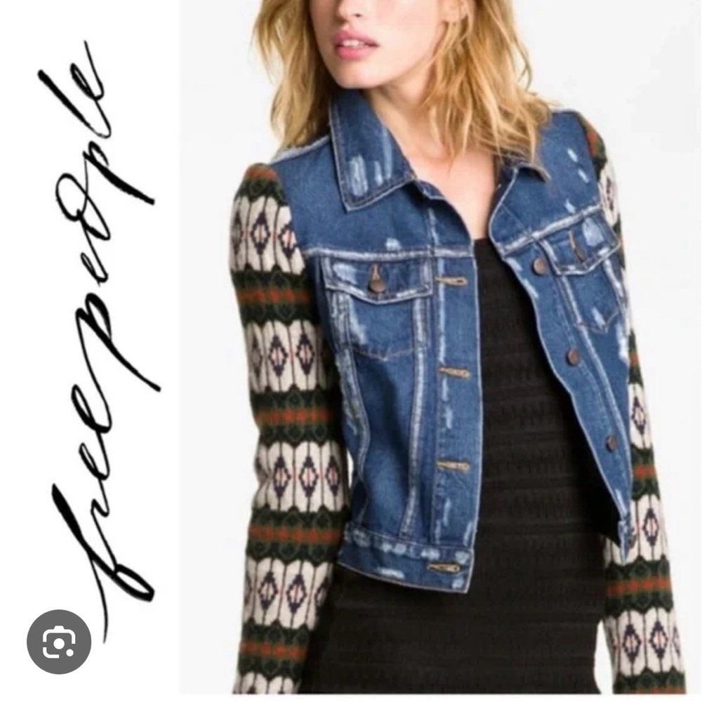 Free People Cypress Jean Jacket with Patterned Sleeves, XS